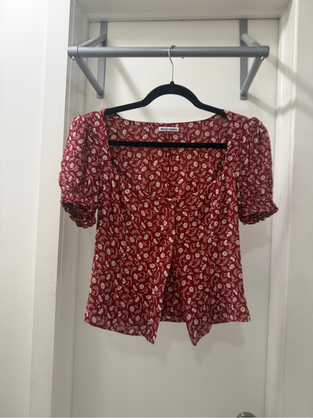 Reformation Red Floral Square-Neck Puff Sleeve Top